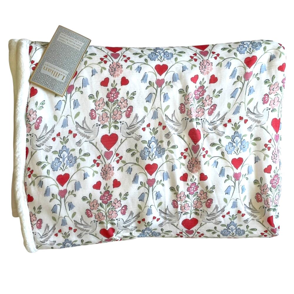 Lillian August Gauze Throw 50x70 Floral Birds Hearts Reversible Blanket NEW